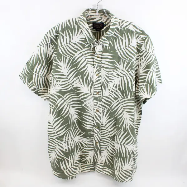 Pendleton Men's XL Green White Palm Leaf Print Short Sleeve Shirt 100% Cotton