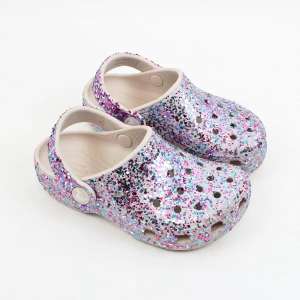Crocs Toddler Girls Classic Glitter Clog Silver with Multicolor Glitter Size 10