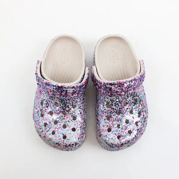Crocs Toddler Girls Classic Glitter Clog Silver with Multicolor Glitter Size 10