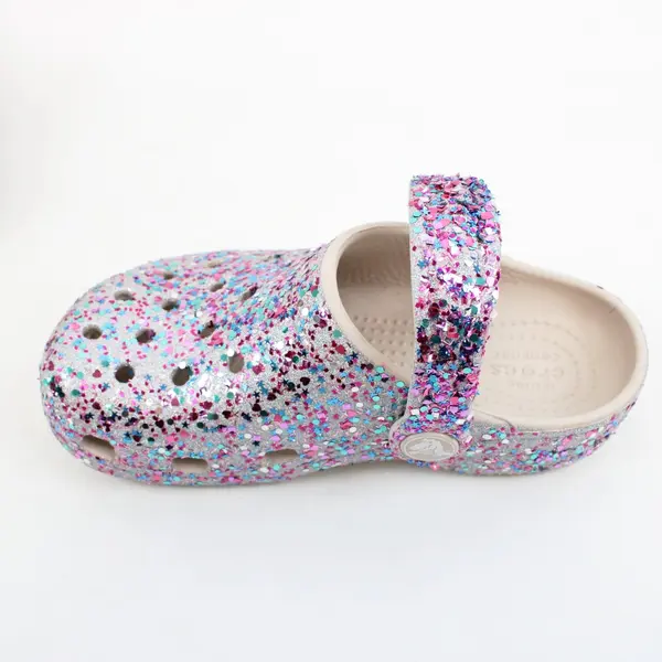 Crocs Toddler Girls Classic Glitter Clog Silver with Multicolor Glitter Size 10