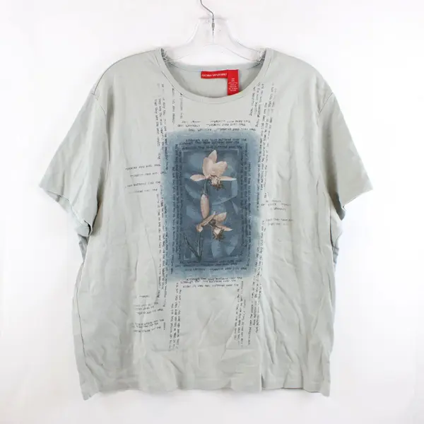 Gloria Vanderbilt Women's 2X Green Ribbed Short Sleeve Floral Graphic Top Y2K