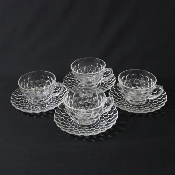 Set Of 4 MCM Anchor Hocking Clear Bubble Pattern Cups And Saucers