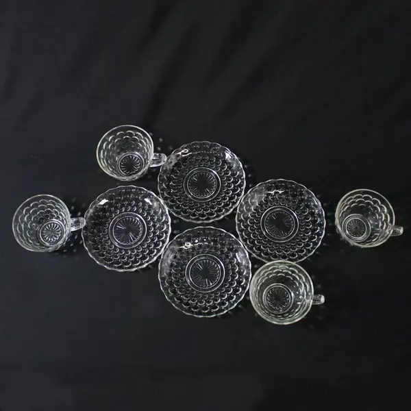 Set Of 4 MCM Anchor Hocking Clear Bubble Pattern Cups And Saucers