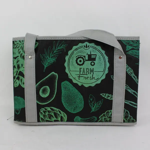 Farm Fresh Reusable Grocery Tote Bag Box Style Teal Vegetable Print