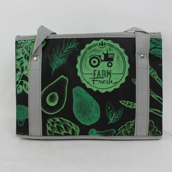 Farm Fresh Reusable Grocery Tote Bag Box Style Teal Vegetable Print