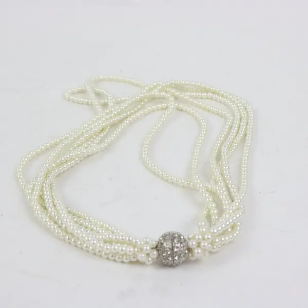Multi-Strand Faux Pearl Necklace Cream Beads Textured Center Accent