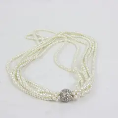 Multi-Strand Faux Pearl Necklace Cream Beads Textured Center Accent