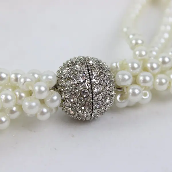 Multi-Strand Faux Pearl Necklace Cream Beads Textured Center Accent