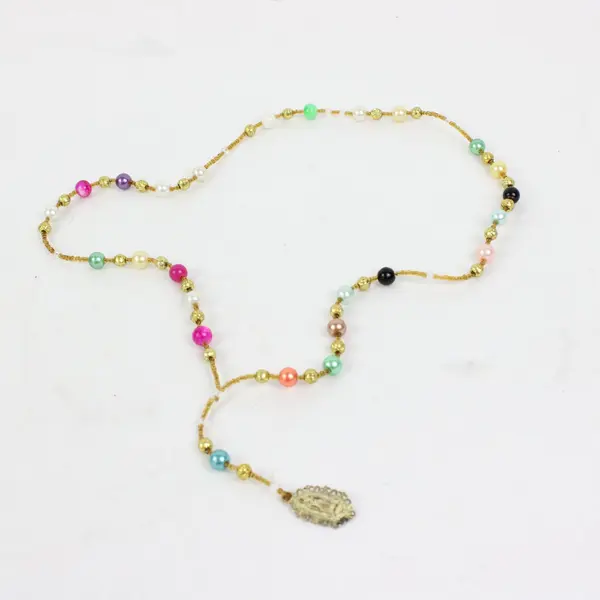 Rosary Necklace Multicolor Beads Religious Medal Gold Tone 17 Inch