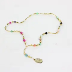 Rosary Necklace Multicolor Beads Religious Medal Gold Tone 17 Inch