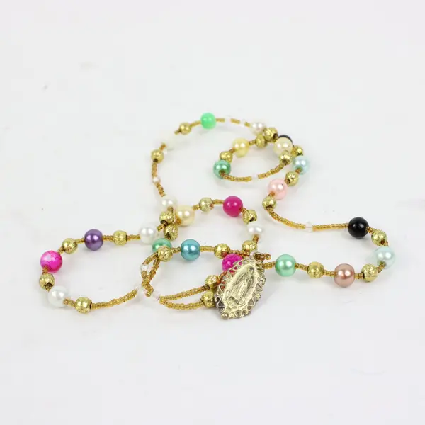 Rosary Necklace Multicolor Beads Religious Medal Gold Tone 17 Inch
