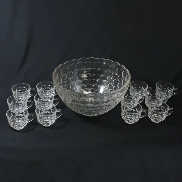 Vintage Federal Glass Yorktown Punch Bowl and 12 Cups