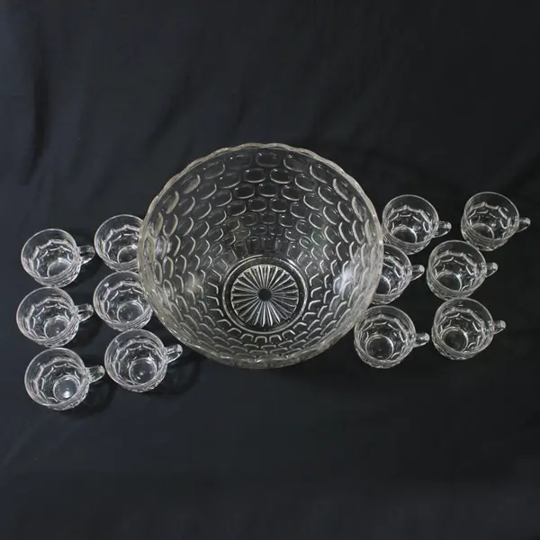 Vintage Federal Glass Yorktown Punch Bowl and 12 Cups
