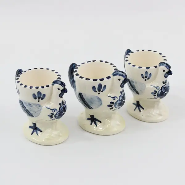 Set of 3 Delfts Blue Hand-Painted Porcelain Chicken Egg Cups Cornelia Signed