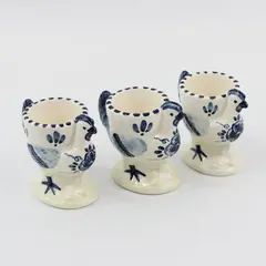 Set of 3 Delfts Blue Hand-Painted Porcelain Chicken Egg Cups Cornelia Signed