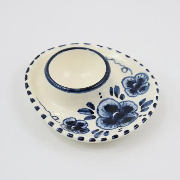 Hand Painted Delfts Blue Oval Porcelain Egg Holder Cup Floral Pattern Signed