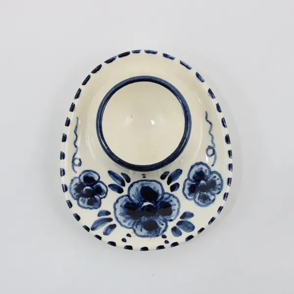 Hand Painted Delfts Blue Oval Porcelain Egg Holder Cup Floral Pattern Signed