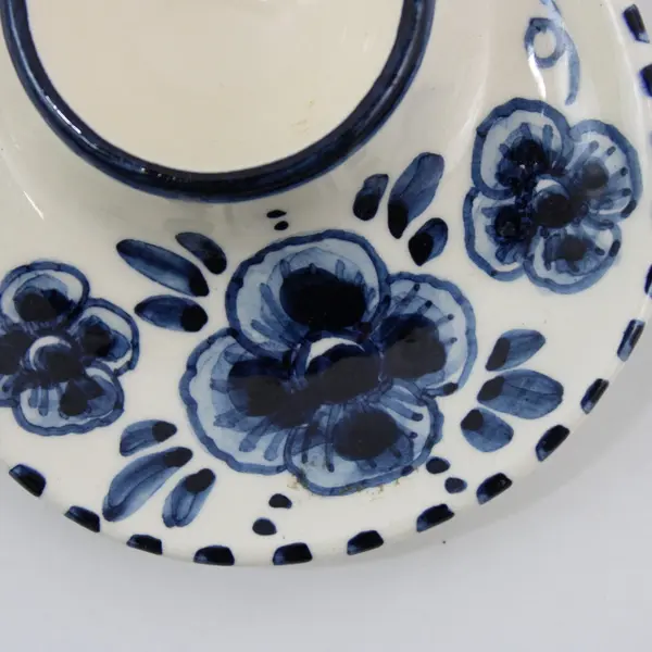Hand Painted Delfts Blue Oval Porcelain Egg Holder Cup Floral Pattern Signed