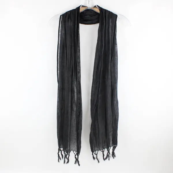 Women's Black Gray Striped Sheer Scarf Tassel Fringe 68 x 16"