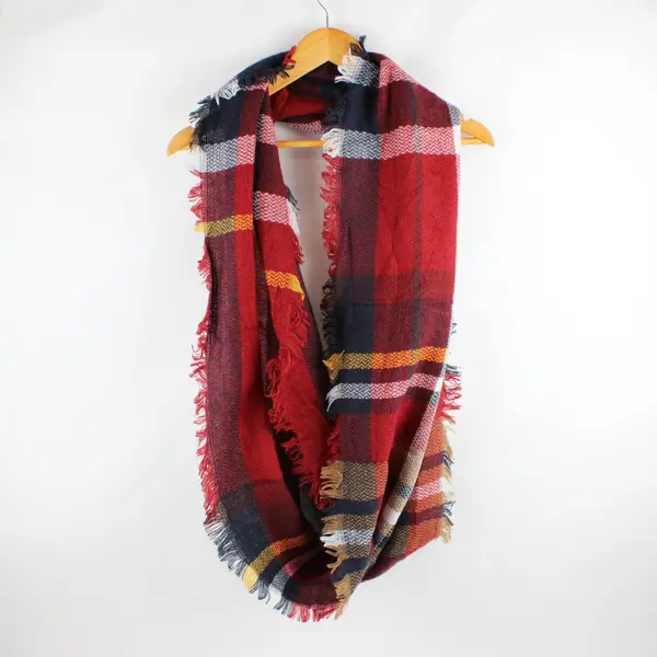 Unbranded Plaid Infinity Scarf Red Navy White Yellow Tan Brown Fringe 34x16.5