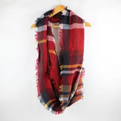 Unbranded Plaid Infinity Scarf Red Navy White Yellow Tan Brown Fringe 34x16.5