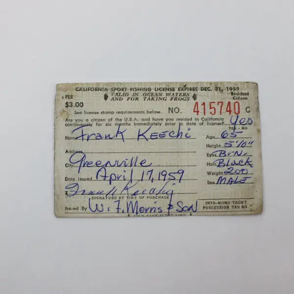 Vintage 1959 California Sport Fishing License 