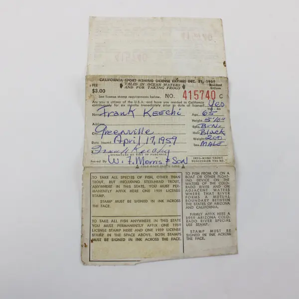 Vintage 1959 California Sport Fishing License 
