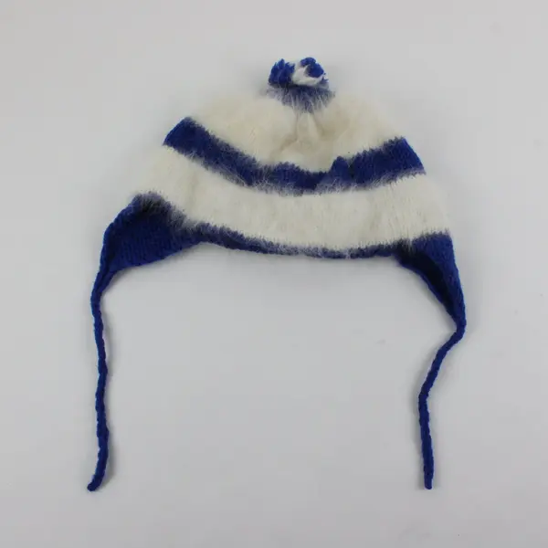Handmade Blue White Striped Knit Cap One Size Kids