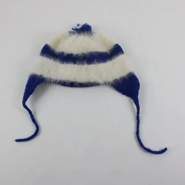 Handmade Blue White Striped Knit Cap One Size Kids