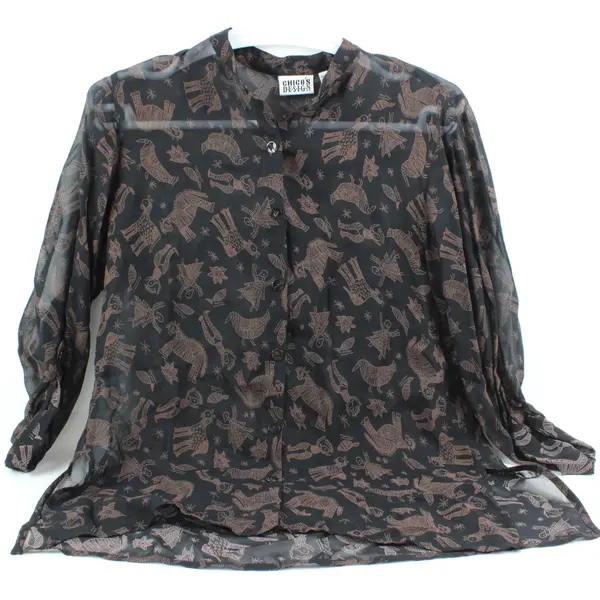 Chico's Women's Sheer Black Brown Folk Style Blouse Size 1