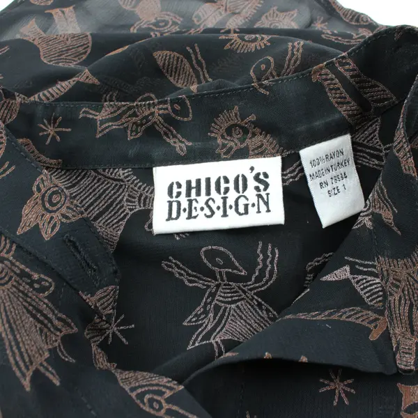 Chico's Women's Sheer Black Brown Folk Style Blouse Size 1