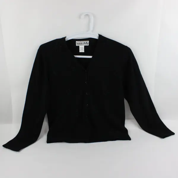 Victoria Holley Women's Medium Black Beaded Embroidered Button Front Cardigan