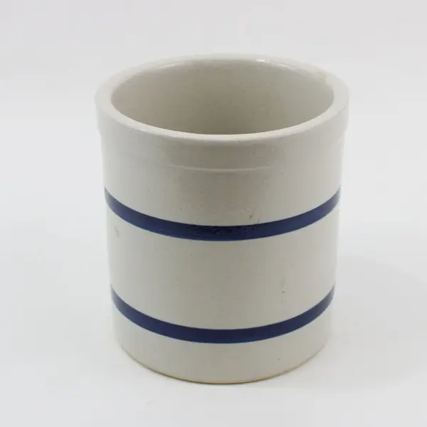 Vtg Robinson Ransbottom 2 Quart Stoneware Crock Jar Double Blue Band 6.5” USA
