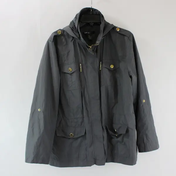 Style & Co Women's Petite Large Dark Gray Hooded Windbreaker Jacket