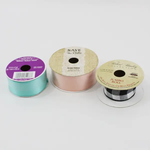 Lot of 3 Vtg. Spools Ribbon Asst'd Brands, Pink (new), Teal & Black/White Check 