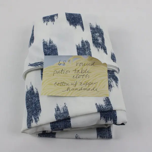 Everhome Ikat Stripe Blue White Round Tablecloth 68" Indoor/Outdoor Tablecloth