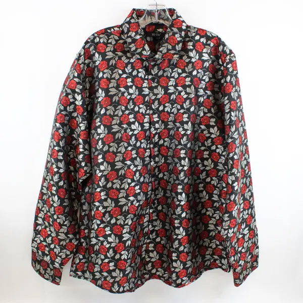 Hi-Tie Men's XXXL Black Silver Red Floral Button Down Shirt