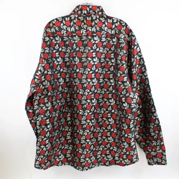 Hi-Tie Men's XXXL Black Silver Red Floral Button Down Shirt