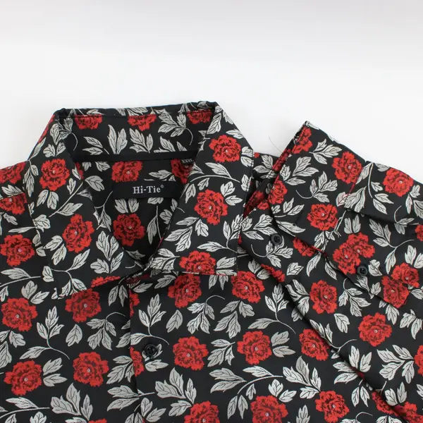 Hi-Tie Men's XXXL Black Silver Red Floral Button Down Shirt