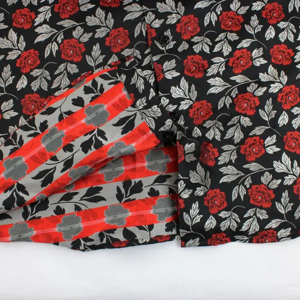 Hi-Tie Men's XXXL Black Silver Red Floral Button Down Shirt