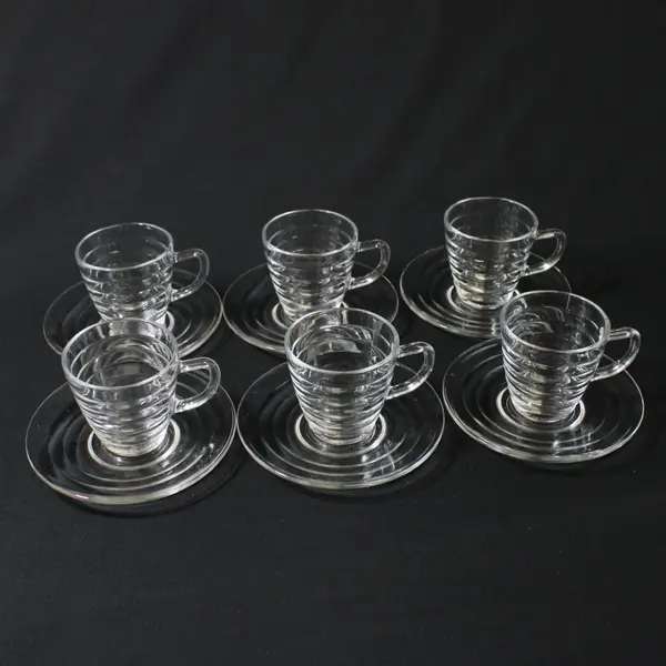 Set of 6 Duralex Lys  Demitasse Cups And Saucers With Narrow Raised Bands France