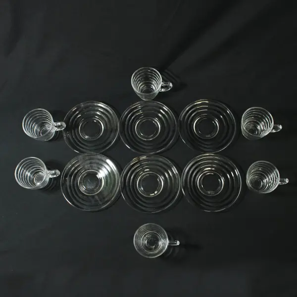 Set of 6 Duralex Lys  Demitasse Cups And Saucers With Narrow Raised Bands France