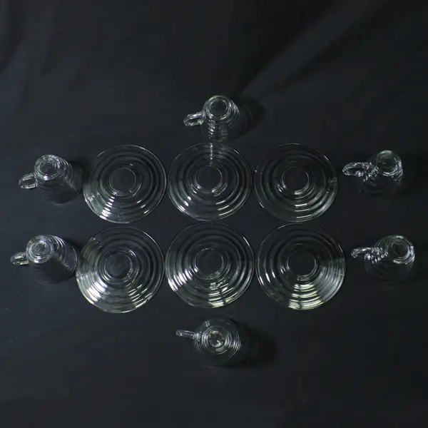 Set of 6 Duralex Lys  Demitasse Cups And Saucers With Narrow Raised Bands France