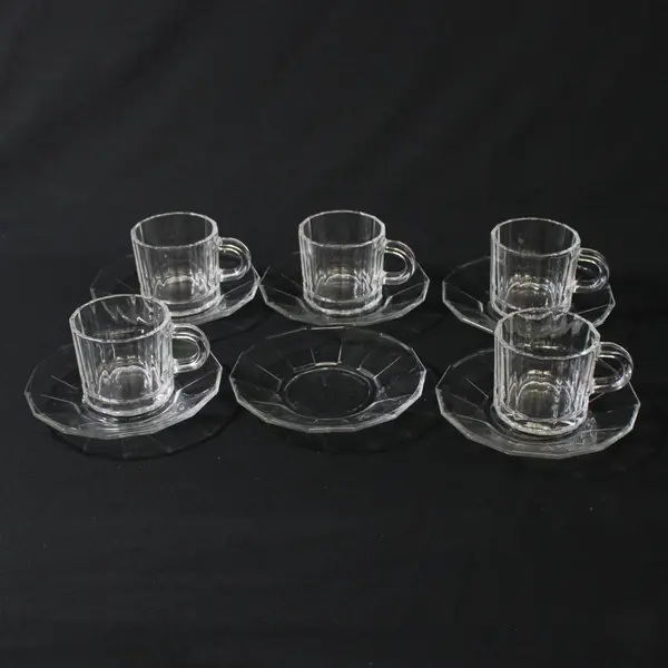 Duralex Paneled Demitasse Set 5 Cups 6 Saucers Made in France