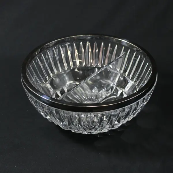 2 Part Divided Crystal Bowl With Silver Plate Rim Elongated Teardrop Cuts