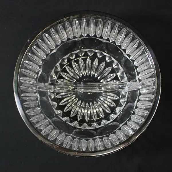 2 Part Divided Crystal Bowl With Silver Plate Rim Elongated Teardrop Cuts