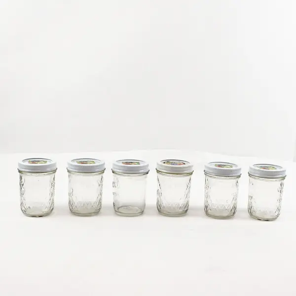 Set of 5 Ball Quilted  And 1 Kerr Half Pint Jam Jelly Jars With Lids and Rings