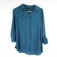 a.n.a A New Approach Women's Button Down Blouse Dark Teal S Roll Tab