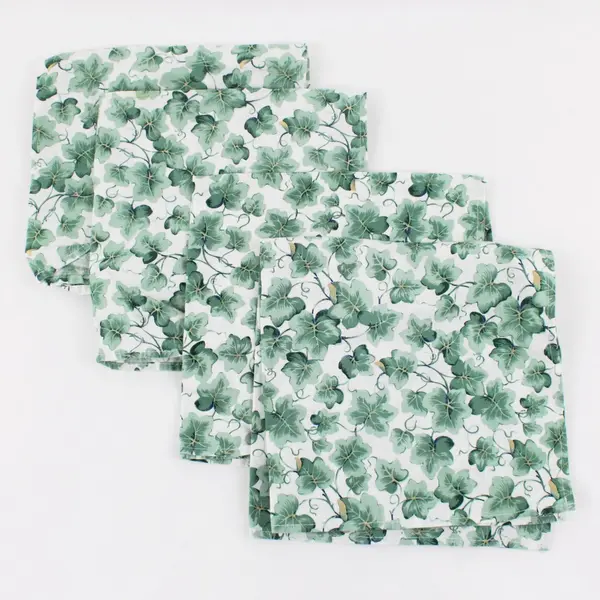 Set of 4 Green Leaf Print Napkins White Background 16 x 16" Good