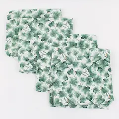 Set of 4 Green Leaf Print Napkins White Background 16 x 16" Good